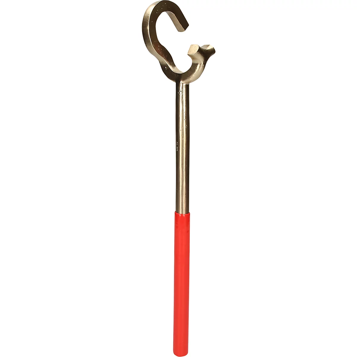 Metallwerkzeug mit Haken und rotem Griff. Das Werkzeug hat eine gebogene Form und wirkt robust.